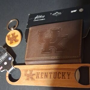 Kentucky Brown Leather Wallet and Keychain Set Gift Set With Bottle Opener